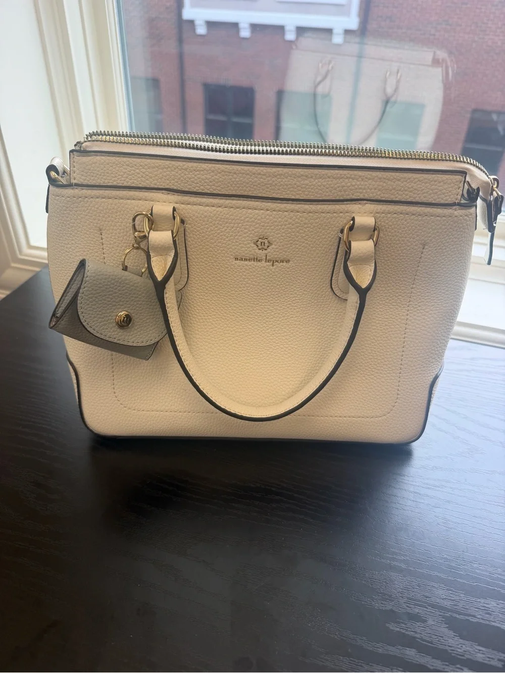 Nanette Lepore Cream Leather Double Zip Satchel with Gold Hardware